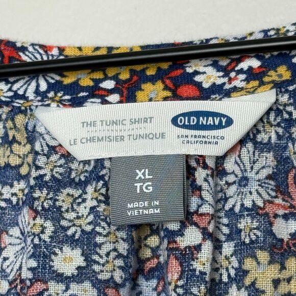 Old Navy Womens Popover Tunic Top XL Blue Red Floral Linen Sheer Vacation Spring - Picture 4 of 11